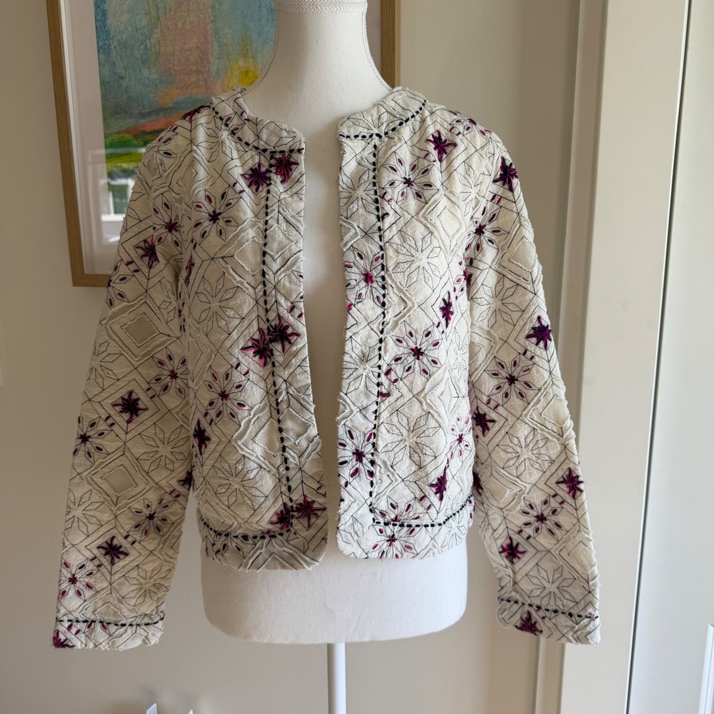 Lovestitch 100% Cotton Embroidered Open Front Crop Jacket Boho Chic Size M